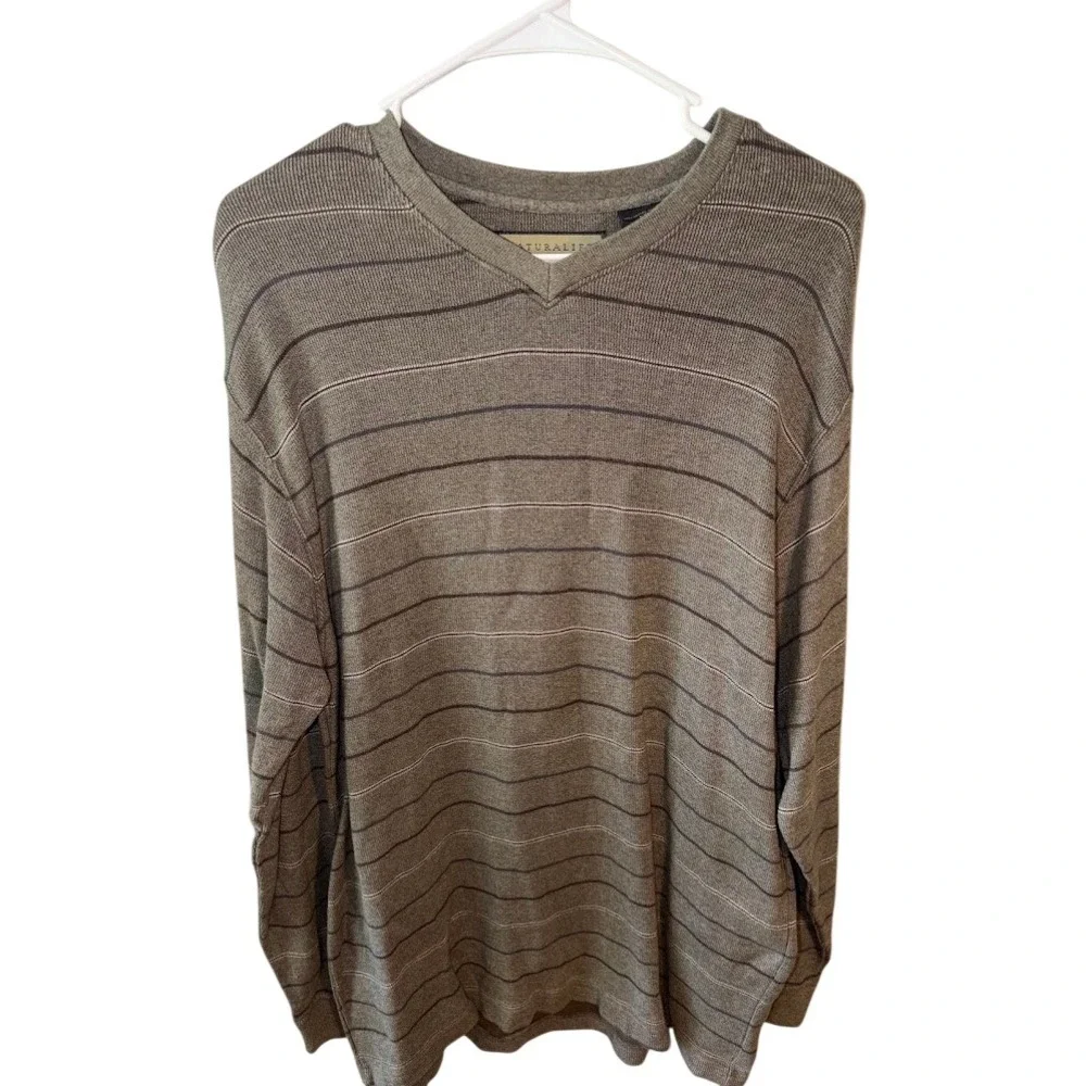 Naturalife Womens Brown Striped V-Neck Long Sleeve Cotton Sweater Size L Q0530
